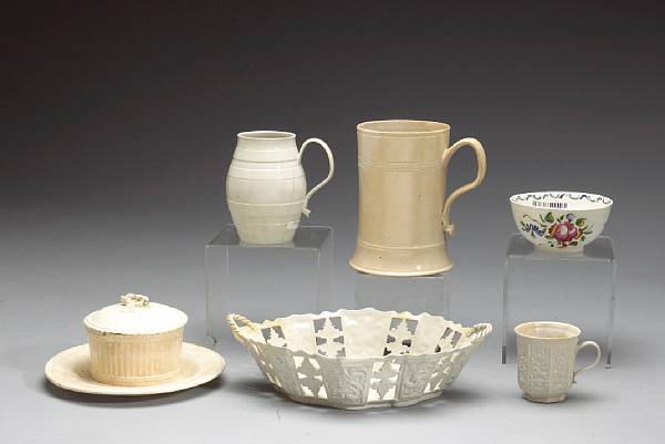 Appraisal: Six pieces of Staffordshire white salt-glaze th century Comprising two-handled