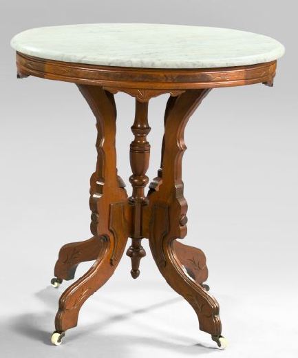 Appraisal: American Renaissance Revival Walnut Burl Walnut and Marble-Top Side Table