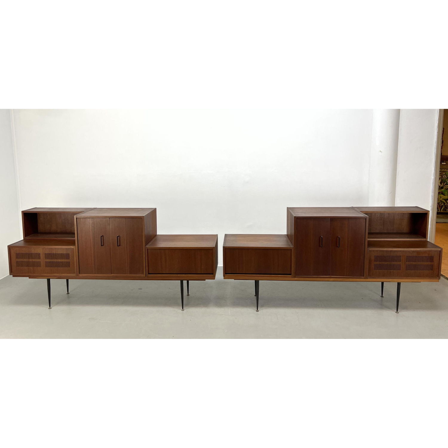 Appraisal: Pr POWERPHON Stereo Cabinets American Modern Walnut Multi Level Cabinets