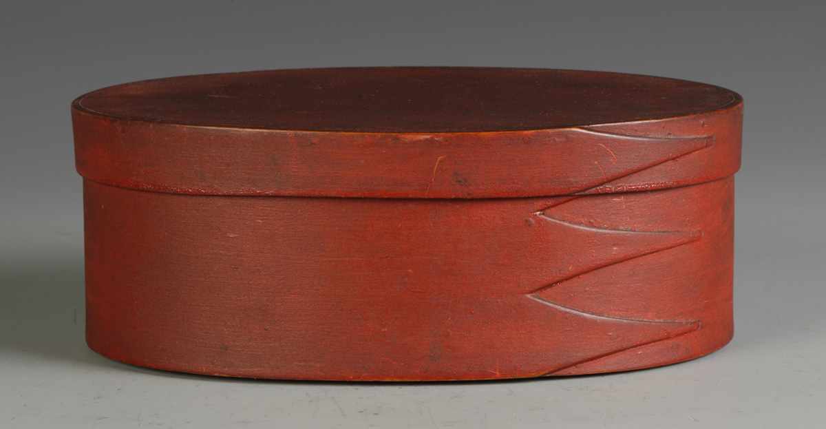 Appraisal: Fingered Shaker Style Oval Box Original red paint Ht ''