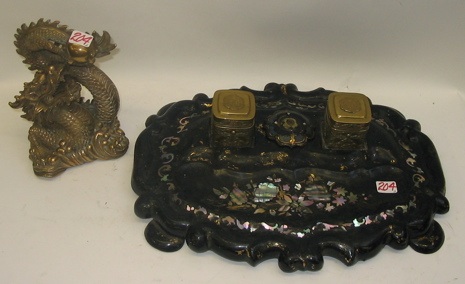 Appraisal: AN ENGLISH VICTORIAN INKSTAND AND A CHINESE FIGURAL DESK ACCESSORY