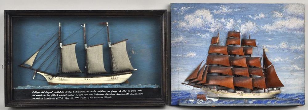 Appraisal: Two Vintage Carved Ship Dioramas one flat mounted on board