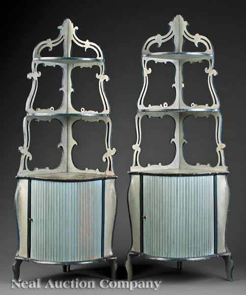 Appraisal: A Pair of Antique French Blue Miniature Encoignures c fitted