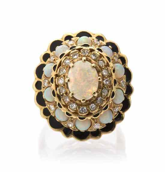 Appraisal: A Karat Yellow Gold Opal Diamond and Enamel Ring containing