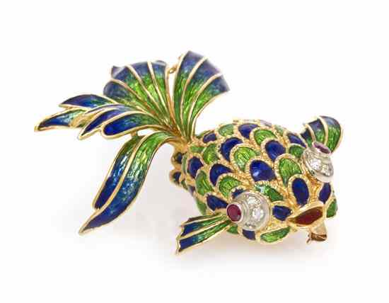 Appraisal: An Karat Yellow Gold Diamond and Polychrome Enamel Koi Fish