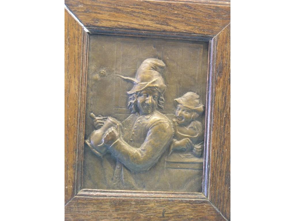 Appraisal: A cast bronze plaque tavern interior in oak frame x