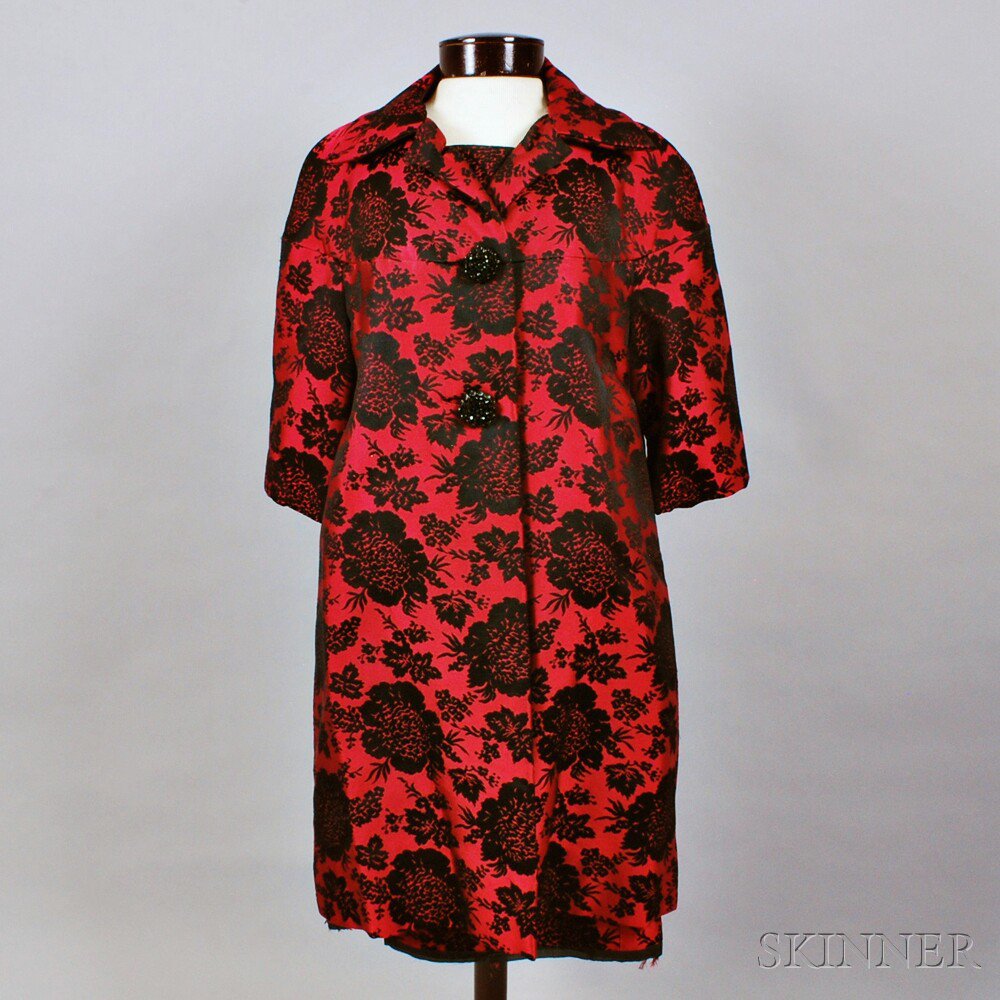 Appraisal: Red and Black Brocade Cocktail Dress and Jacket interior tag