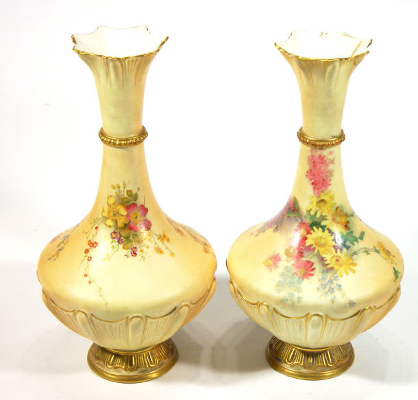 Appraisal: Pair of large Royal Worcester bottle vases hand painted and