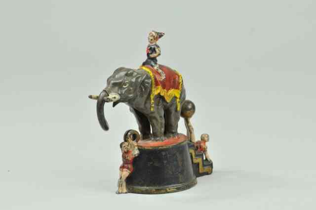 Appraisal: ELEPHANT AND THREE CLOWNS MECHANICAL BANK Blue Base J E