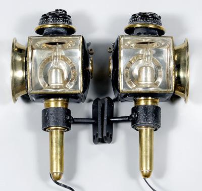 Appraisal: Pair brass carriage lamps silver plated interiors beveled glass sides