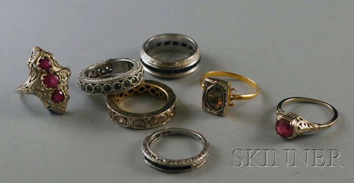 Appraisal: Seven Gold Gem-set Rings including three kt white gold gem-set