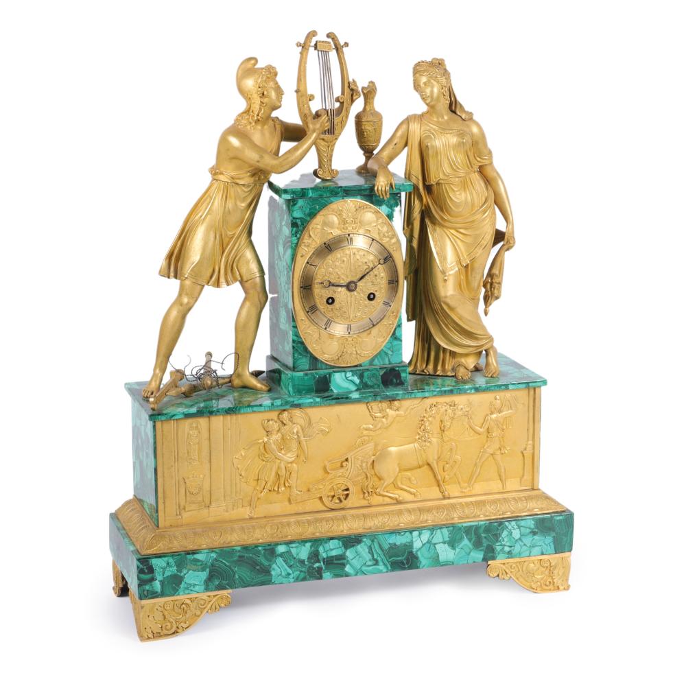 Appraisal: A TH CENTURY FRENCH EMPIRE DORE BRONZE AND MALACHITE CLOCK