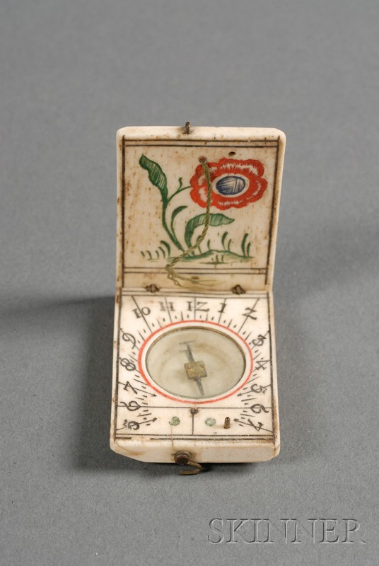 Appraisal: Miniature Ivory Diptych Sundial with floral decorated lid opening to