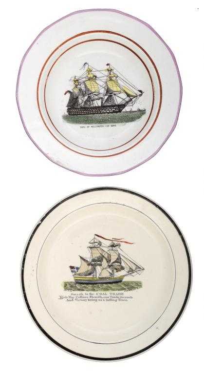 Appraisal: TWO SUNDERLAND SHIPPING-SUBJECT PLATES the first Dixon Co of creamware