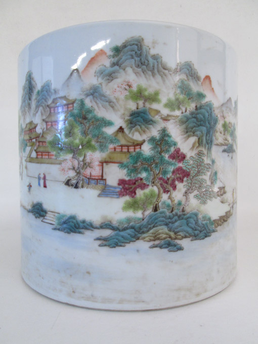 Appraisal: CHINESE FAMILLE ROSE PORCELAIN BRUSH POT a cylindrical vessel with