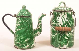 Appraisal: Two Pieces of Green Large Swirl Granite Ware Teapot -