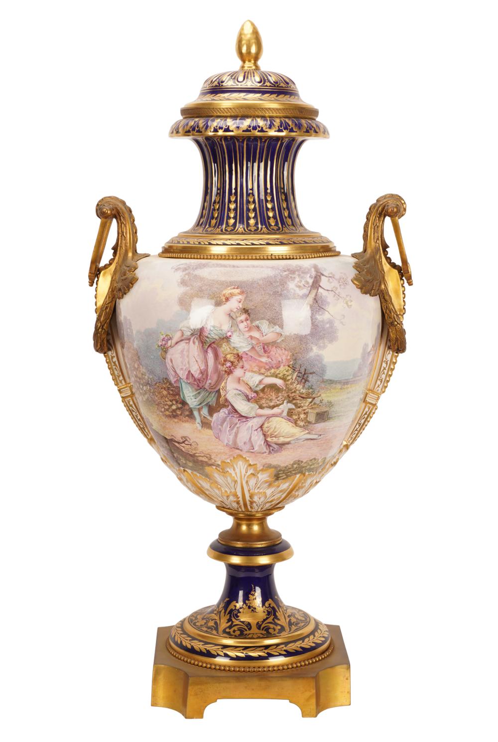 Appraisal: SEVRES-STYLE PORCELAIN URNSevres-style interlaced L mark depicting three maidens in