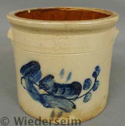 Appraisal: Three-gallon stoneware crock with applied handles and blue decoration h