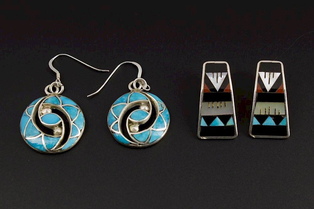 Appraisal: X Zuni Inlay Earrings Two Zuni Inlay Sterling Silver Earrings