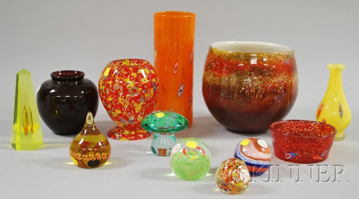 Appraisal: Six Art Glass Paperweights Five Studio Art Glass Vases and