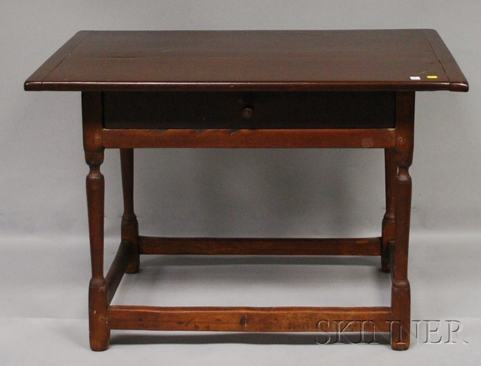 Appraisal: Brown-painted William Mary Pine Breadboard-top Maple Tavern Table with Drawer