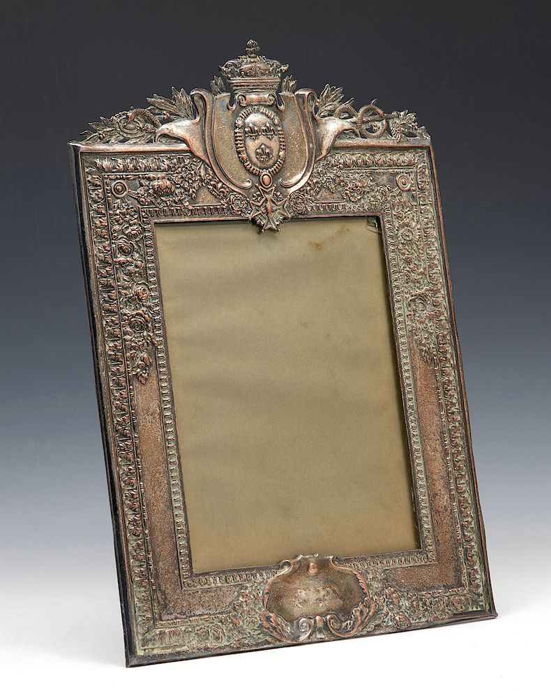 Appraisal: Silvered copper picture frame Silvered copper frame with French crest