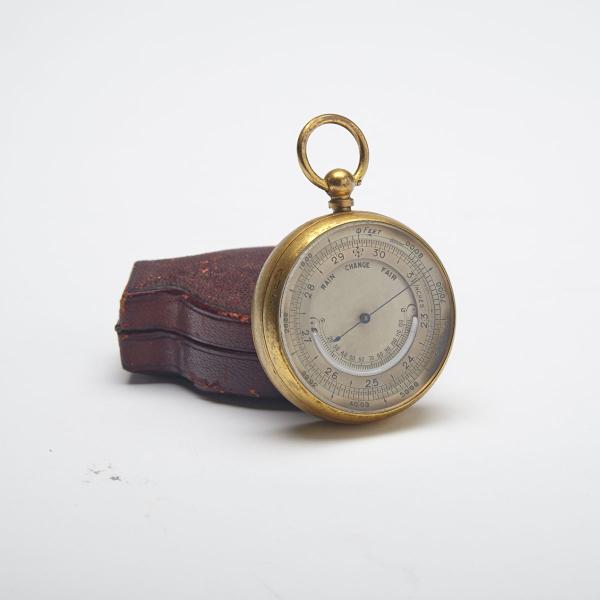 Appraisal: British Pocket Gilt Metal Barometer Thermometer in hard leather travel