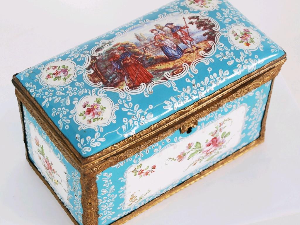 Appraisal: EARLY TH CENTURY FRENCH ENAMELLED AND GILT MOUNTED JEWELLERY CASKET