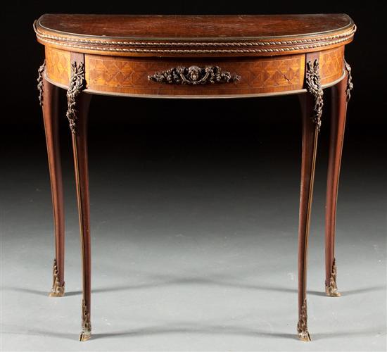 Appraisal: Louis XVI style brass-mounted parquetry inlaid demilune flip-top games table