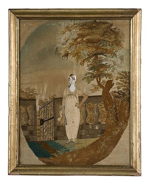 Appraisal: NEEDLEWORK OF YOUNG LADY AT GARDEN GATE English ca chenille