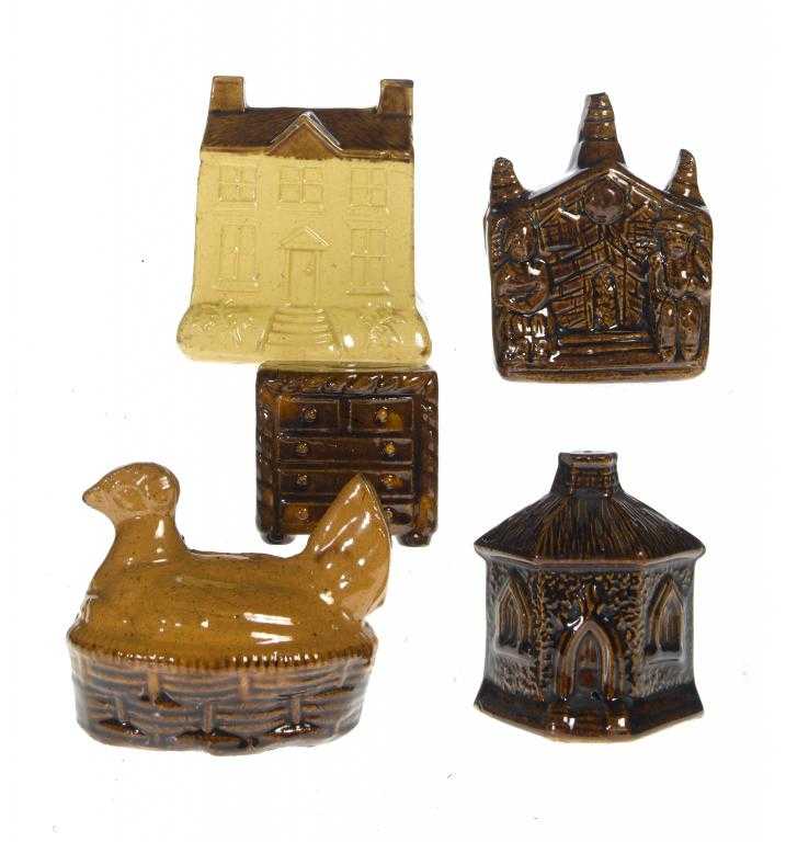 Appraisal: FIVE TREACLE BROWN AND OTHER GLAZED EARTHENWARE BANKS SEVERAL OR