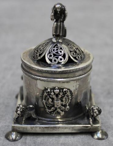 Appraisal: JUDAICA Russian Silver Covered Box With seated figure finial lions