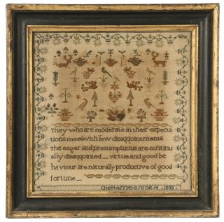 Appraisal: FRAMED NEEDLEPOINT SAMPLER English Silk on Linen Pictorial Sampler by