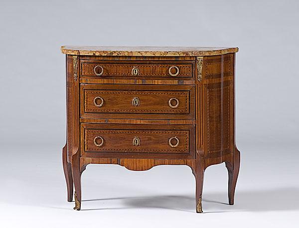 Appraisal: LOUIS XV-STYLE PETIT COMMODE Louis XV-style bronze-mounted kingwood and tulipwood