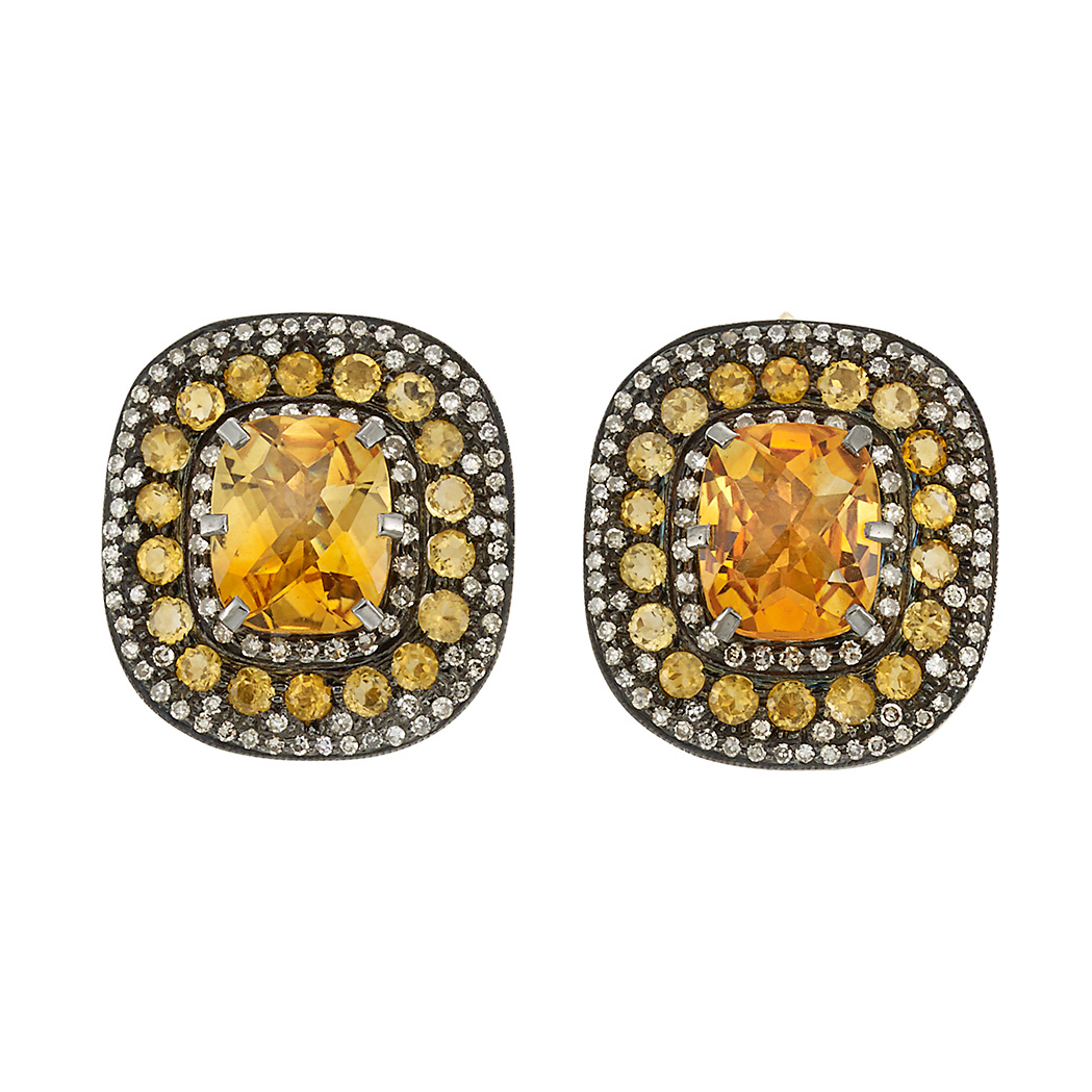 Appraisal: Pair of Gold Blackened Silver Citrine and Diamond Earclips cushion-shaped