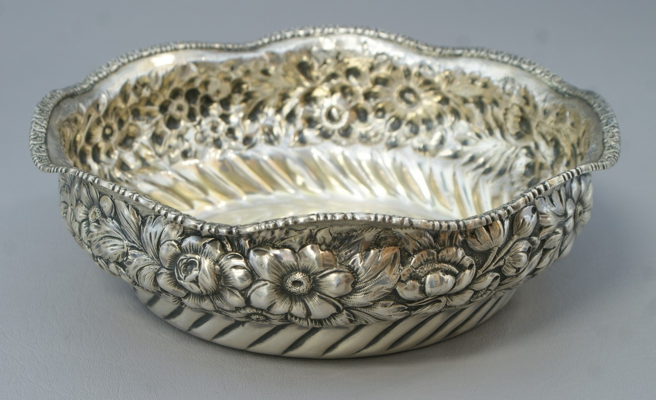 Appraisal: Hamilton Deisenger sterling silver floral repousse bowl B monogram d