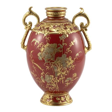 Appraisal: Royal Crown Derby Gilt and Claret Decorated Two-Handle Urn Estimate