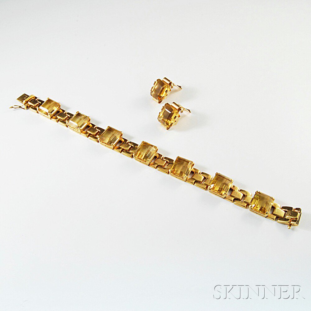 Appraisal: kt Gold and Citrine Bracelet and Earclips bracelet lg in