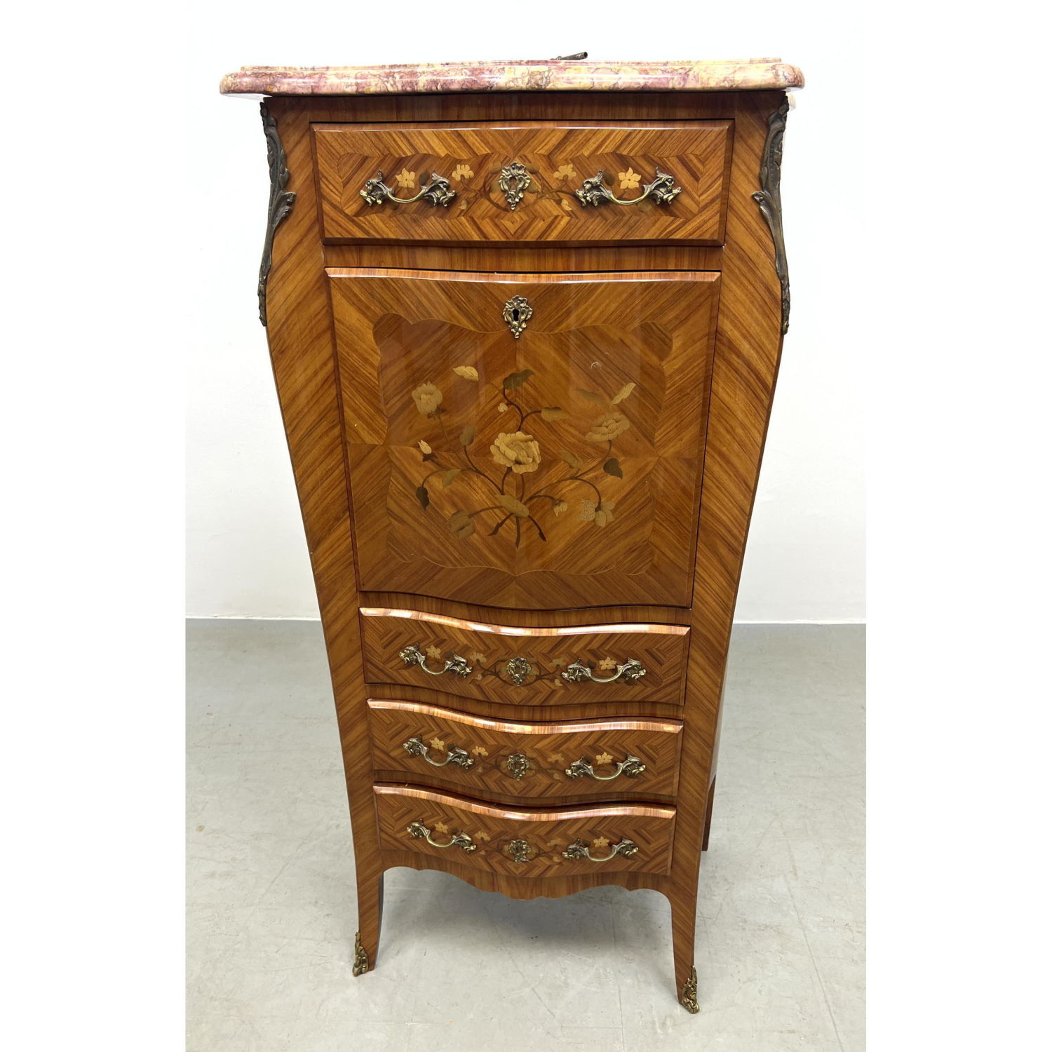 Appraisal: French Style Inlaid Marble Top Abattant Desk Floral inlay Dimensions