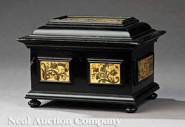 Appraisal: An English Ebonized Gilt and Polychrome-Decorated Wood Box height in