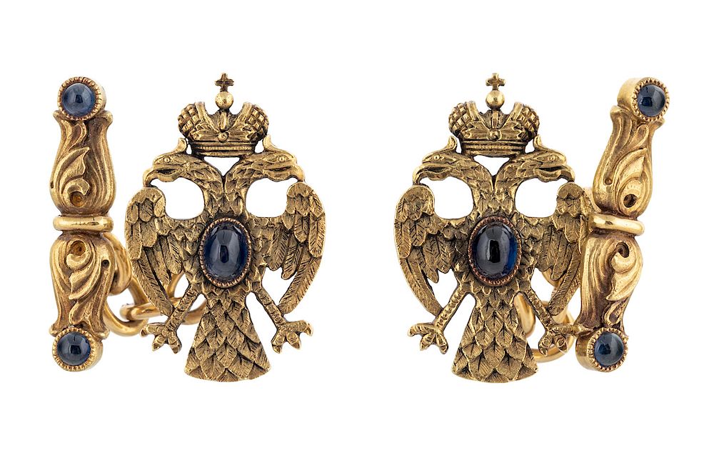 Appraisal: A PAIR OF FABERGE GOLD AND SAPPHIRE CUFFLINKS WORKMASTER AUGUST