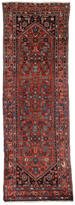 Appraisal: Hamadan Runner Persian th century repeating blue designs on brick-red