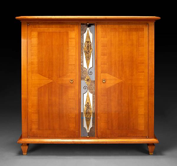 Appraisal: A French fruitwood and verre glomis glass armoire early th