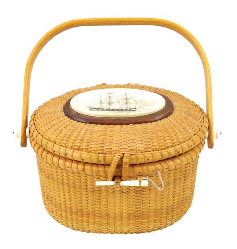 Appraisal: Nantucket basket purse with scrimshaw ivory bone sailboat attached to