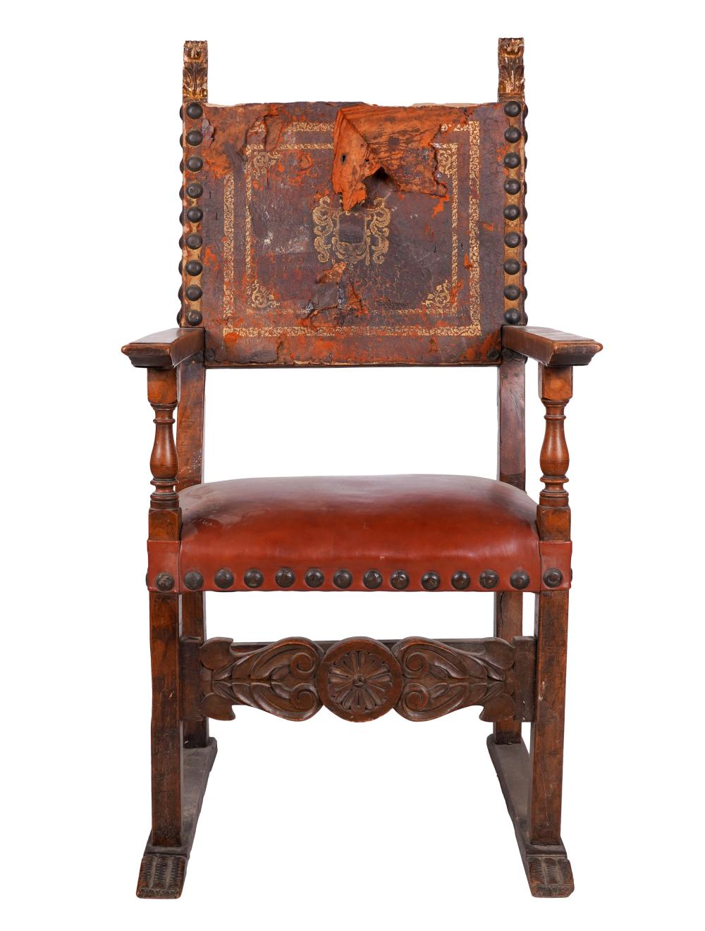 Appraisal: SPANISH REVIVAL OPEN ARMCHAIRwith leather seat and painted leather back