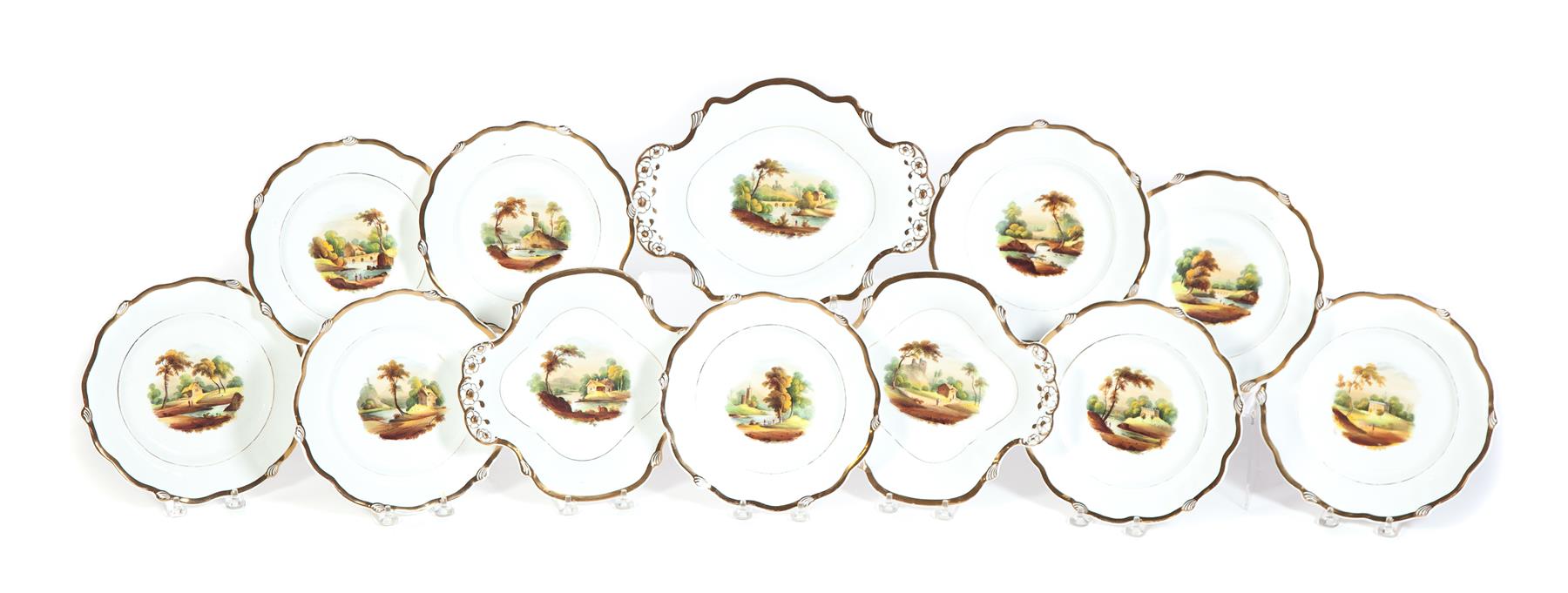 Appraisal: TWELVE-PIECE DESSERT SET WITH PAINTED COUNTRY SCENES England mid th