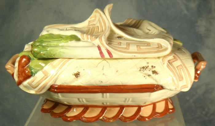 Appraisal: Majolica covered asparagus dish with linenfold lid signed Majolica Sarreguemine