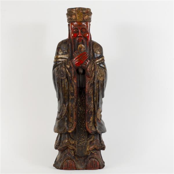 Appraisal: Chinese gilt and red lacquered carved wood figure of Confucius