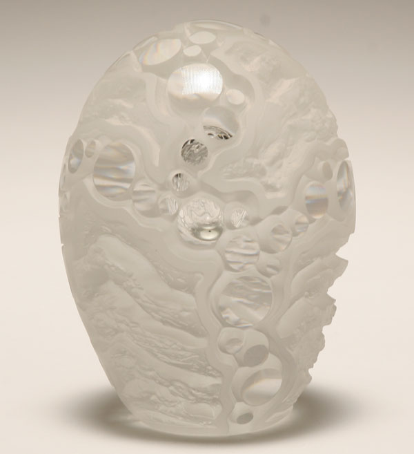 Appraisal: Contemporary acid etched frosted glass paperweight Abstracted design with chipped