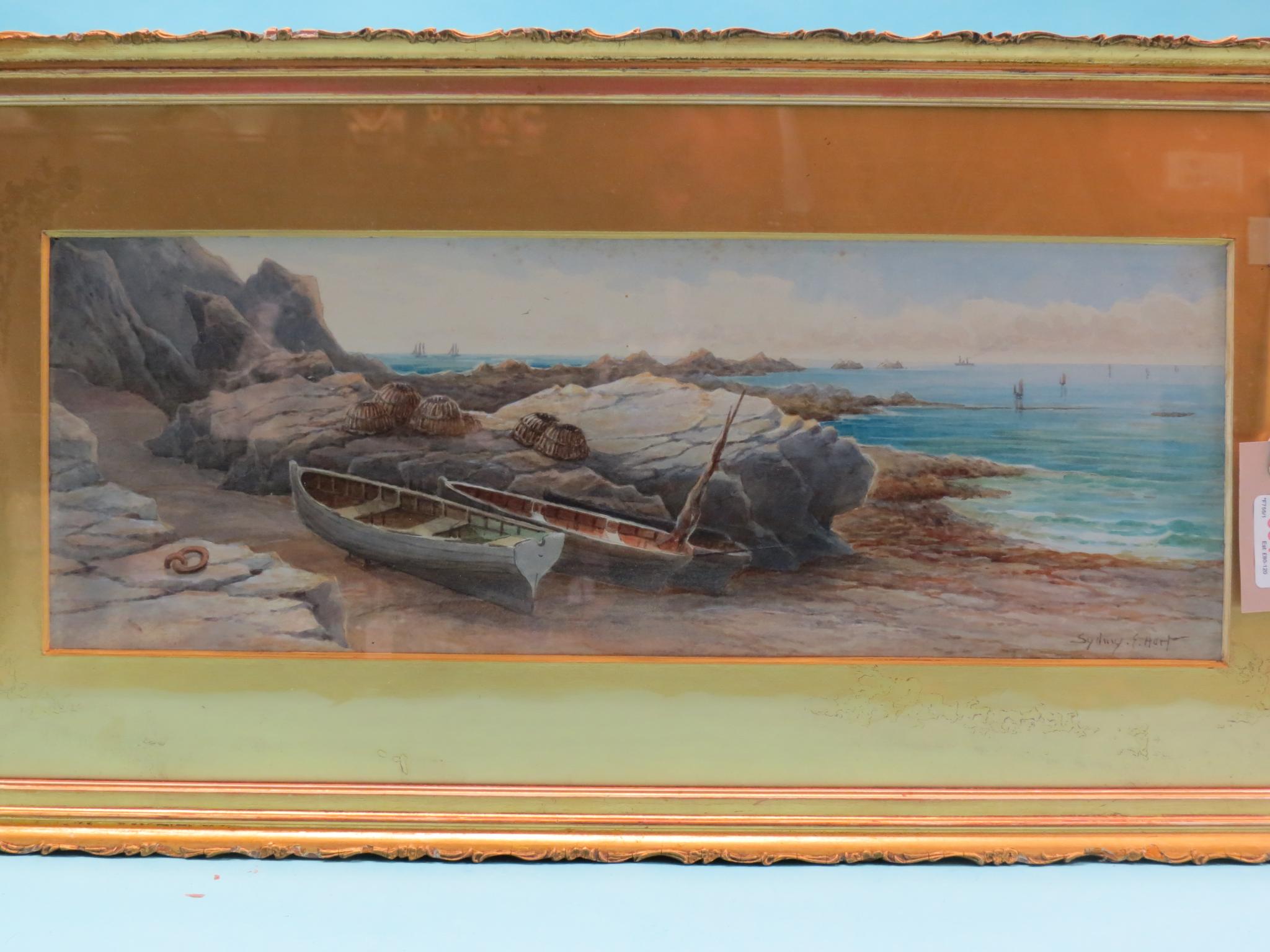 Appraisal: Sidney E Hart - - watercolour coastline view with fishing